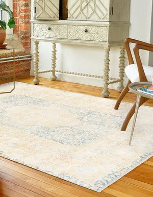Blue and Ivory 6' 1 x 9' Boutique Rectangle Area Rug Chenille Polyester Cotton Traditional Oriental Inspired Classical Carpet for Living Rooms Dining Office Space Interior Design for Sale at Rug Engine