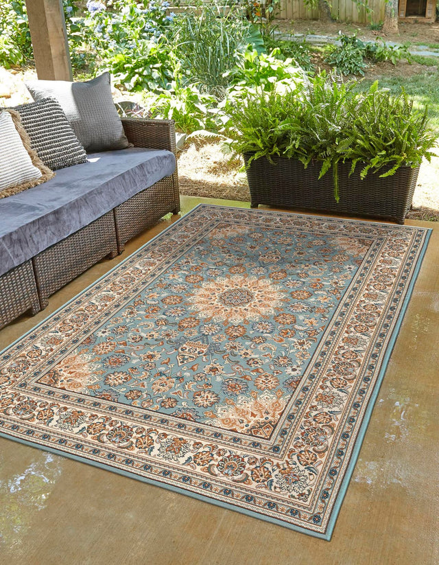 Blue 4' 1 x 6' 1 Outdoor Traditional Rectangle Area Rug Weather Resistant for Patio, Deck, Terrace, Balcony, Porch Classical Design Outside Carpet for Sale at Rug Engine