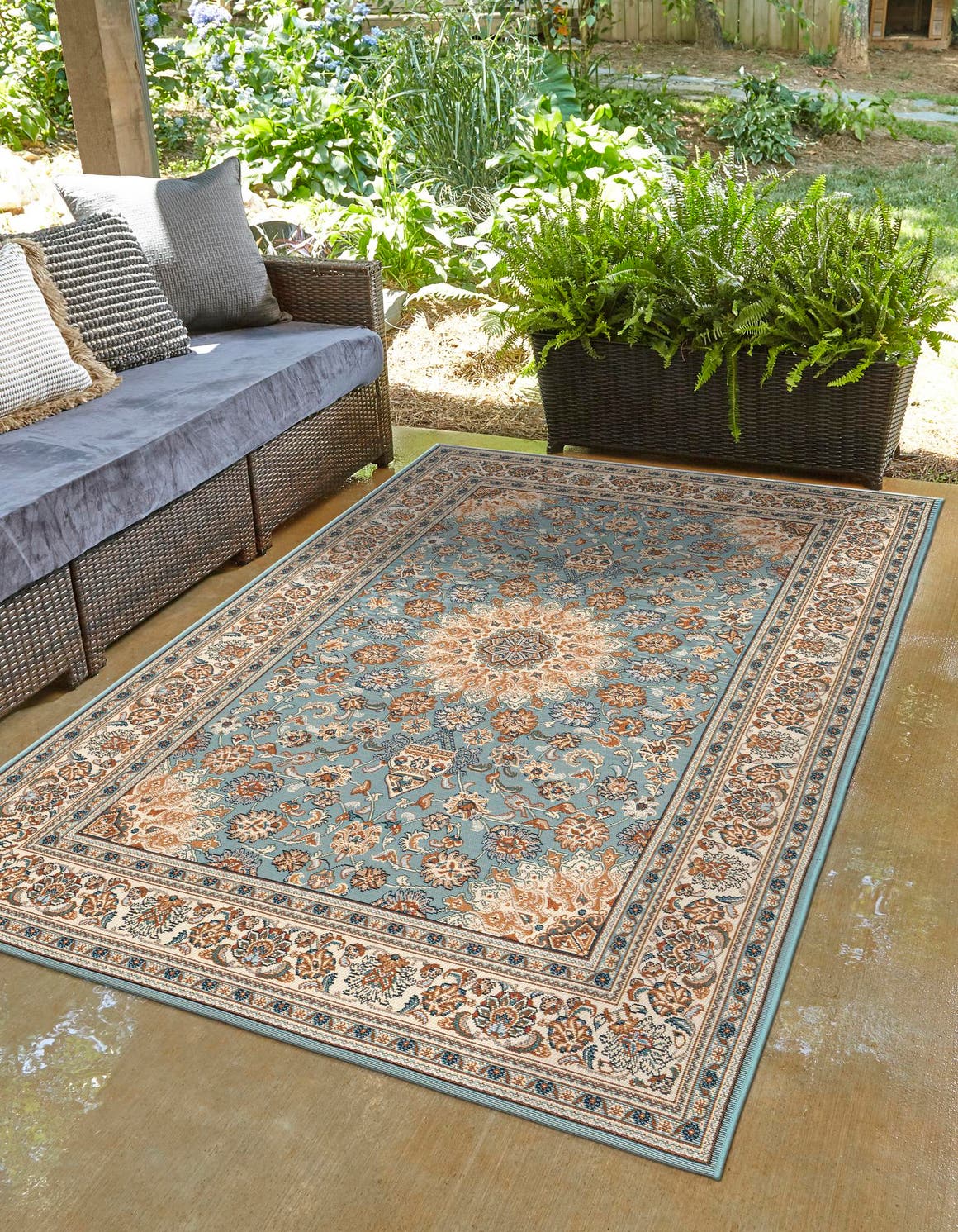 Blue 9' x 12' Outdoor Traditional Rectangle Area Rug Weather Resistant for Patio, Deck, Terrace, Balcony, Porch Classical Design Outside Carpet for Sale at Rug Engine