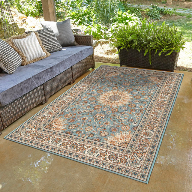 Blue 4' 1 x 6' 1 Outdoor Traditional Rectangle Area Rug Weather Resistant for Patio, Deck, Terrace, Balcony, Porch Classical Design Outside Carpet for Sale at Rug Engine