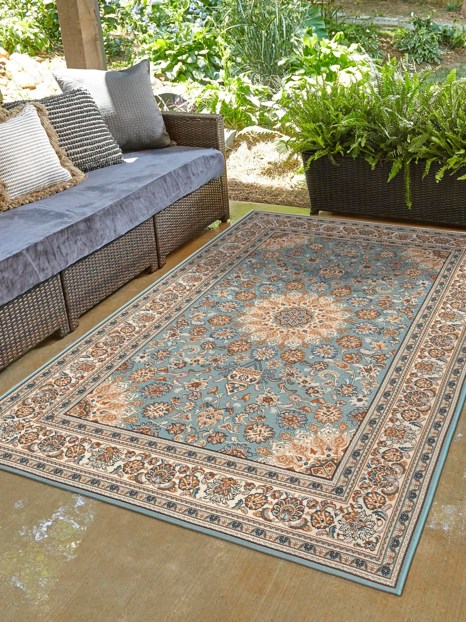 Blue 2' x 3' 1 Outdoor Traditional Rectangle Area Rug Weather Resistant for Patio, Deck, Terrace, Balcony, Porch Classical Design Outside Carpet for Sale at Rug Engine