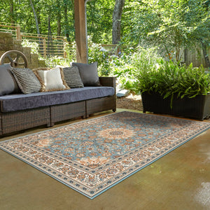 Blue 4' 1 x 6' 1 Outdoor Traditional Rectangle Area Rug Weather Resistant for Patio, Deck, Terrace, Balcony, Porch Classical Design Outside Carpet for Sale at Rug Engine