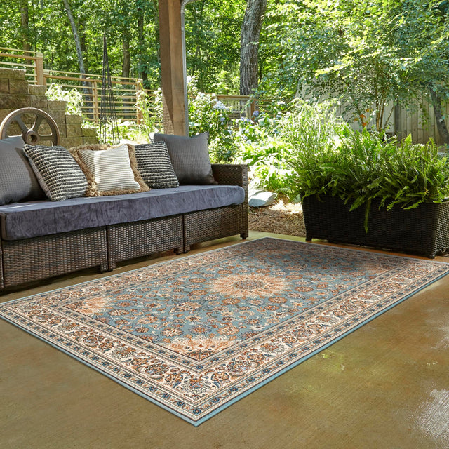 Blue 4' 1 x 6' 1 Outdoor Traditional Rectangle Area Rug Weather Resistant for Patio, Deck, Terrace, Balcony, Porch Classical Design Outside Carpet for Sale at Rug Engine