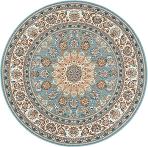 Blue 6' 1 x 6' 1 Outdoor Traditional Round Area Rug Weather Resistant for Patio, Deck, Terrace, Balcony, Porch Classical Design Outside Carpet for Sale at Rug Engine