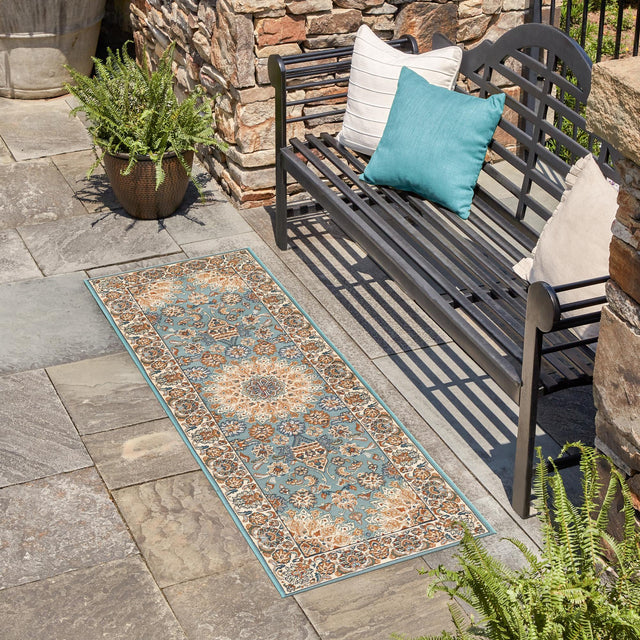 Blue 2' 7 x 12' Outdoor Traditional Runner Area Rug Weather Resistant for Patio, Deck, Terrace, Balcony, Porch Classical Design Outside Carpet for Sale at Rug Engine
