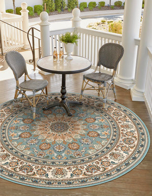 Blue 3' 3 x 3' 3 Outdoor Traditional Round Area Rug Weather Resistant for Patio, Deck, Terrace, Balcony, Porch Classical Design Outside Carpet for Sale at Rug Engine