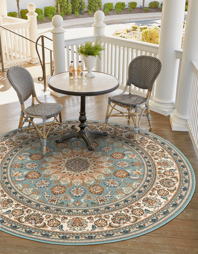 Blue 6' 1 x 6' 1 Outdoor Traditional Round Area Rug Weather Resistant for Patio, Deck, Terrace, Balcony, Porch Classical Design Outside Carpet for Sale at Rug Engine