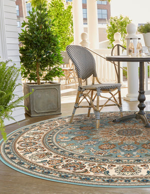 Blue 7' 10 x 7' 10 Outdoor Traditional Round Area Rug Weather Resistant for Patio, Deck, Terrace, Balcony, Porch Classical Design Outside Carpet for Sale at Rug Engine