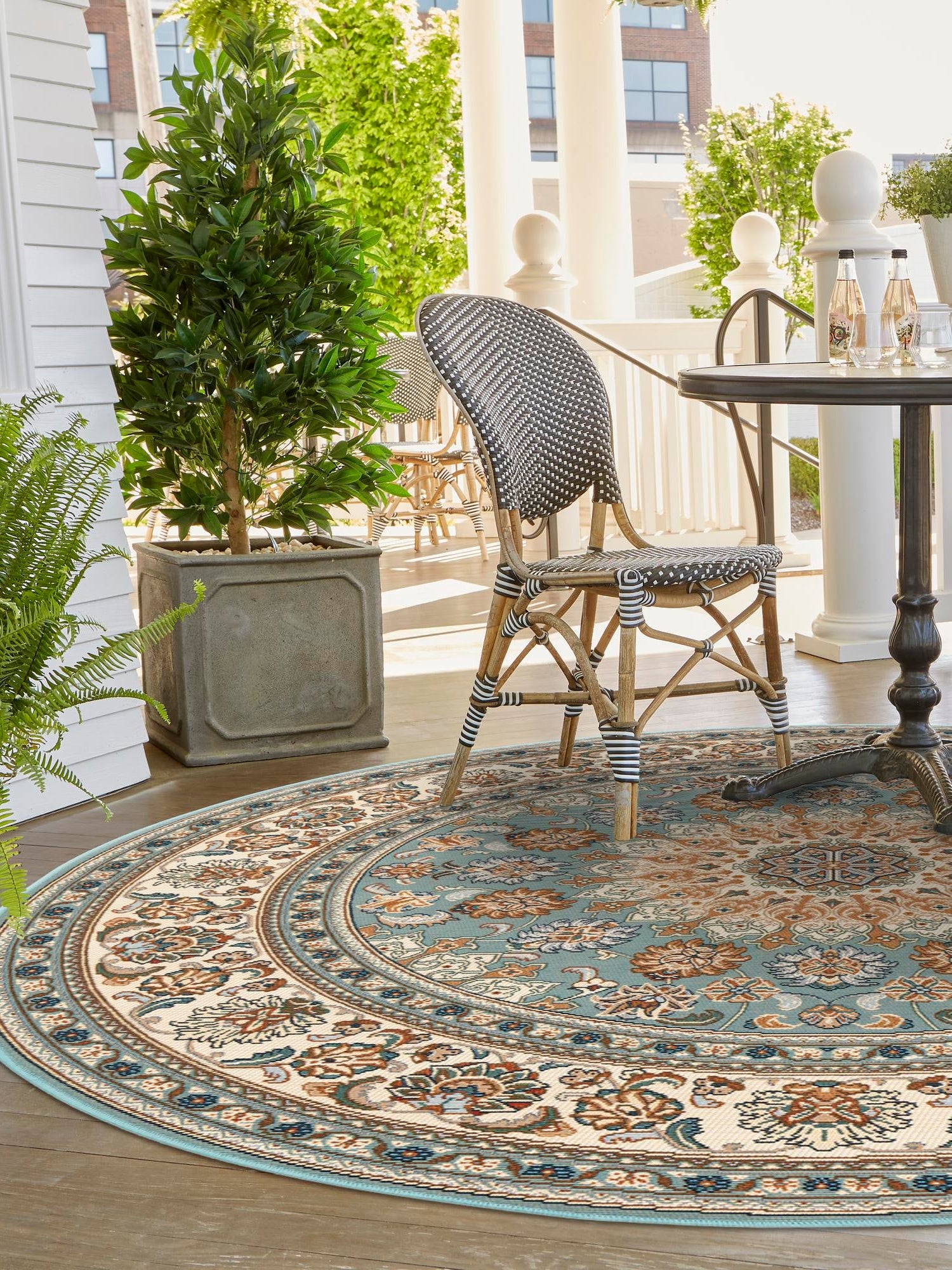 Blue 6' 1 x 6' 1 Outdoor Traditional Round Area Rug Weather Resistant for Patio, Deck, Terrace, Balcony, Porch Classical Design Outside Carpet for Sale at Rug Engine