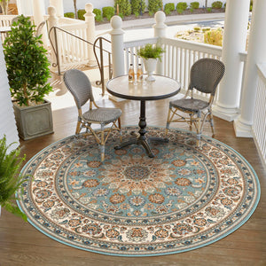 Blue 7' 10 x 7' 10 Outdoor Traditional Round Area Rug Weather Resistant for Patio, Deck, Terrace, Balcony, Porch Classical Design Outside Carpet for Sale at Rug Engine