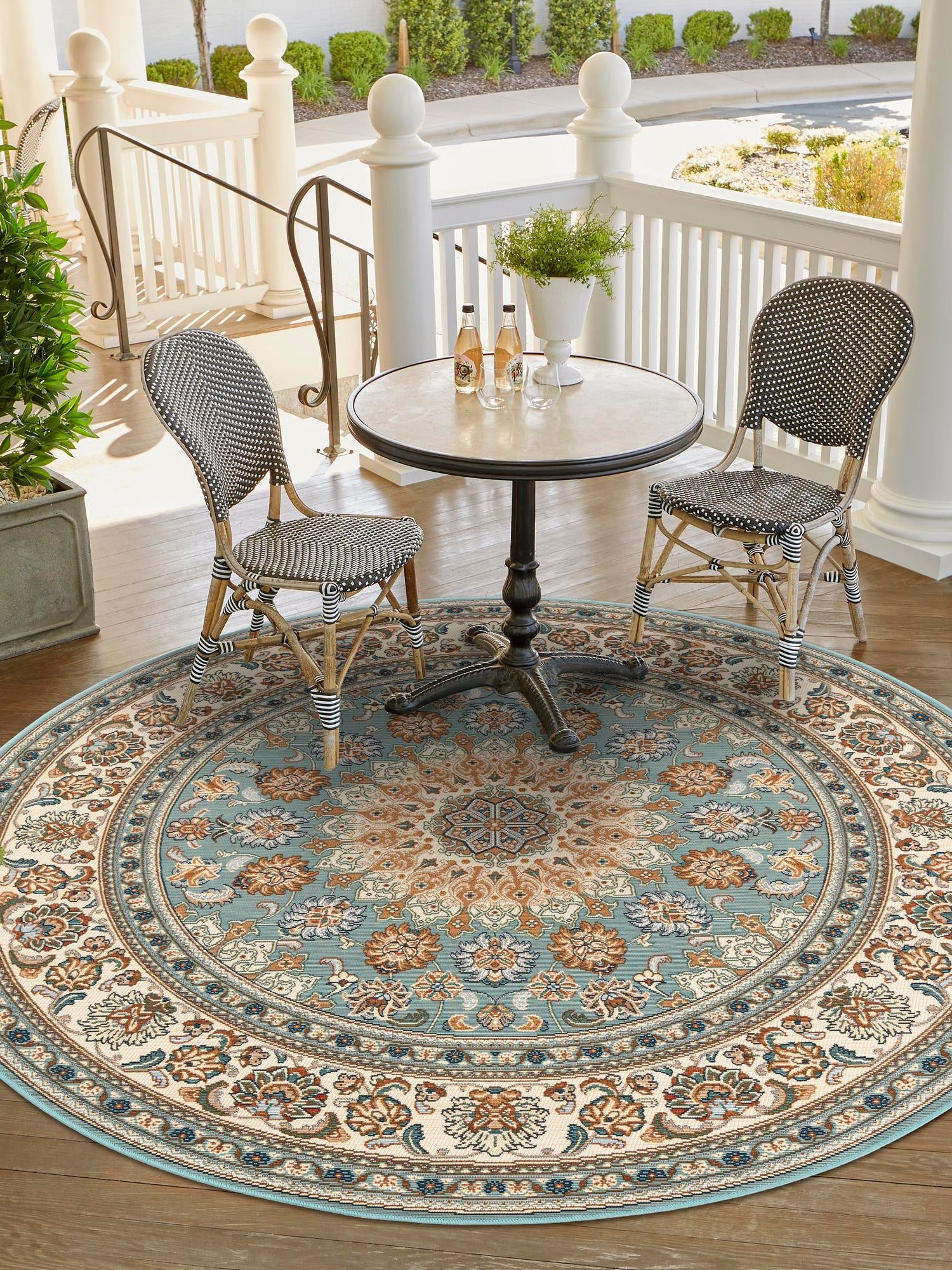 Blue 10' x 10' Outdoor Traditional Round Area Rug Weather Resistant for Patio, Deck, Terrace, Balcony, Porch Classical Design Outside Carpet for Sale at Rug Engine