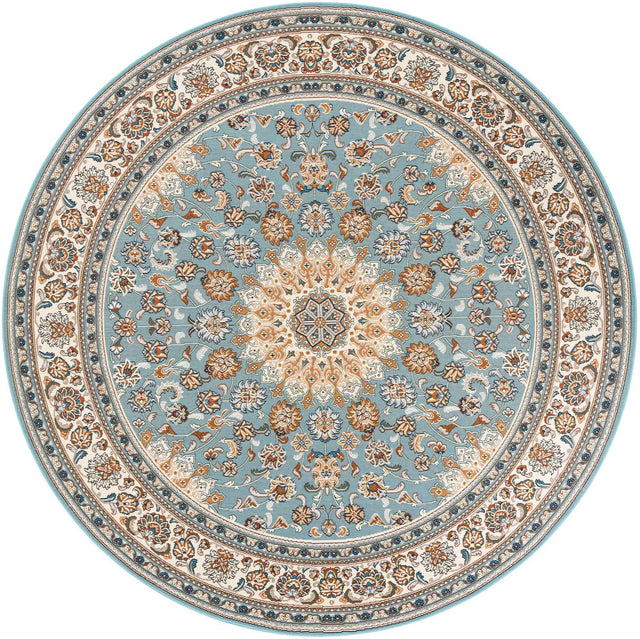 Blue 7' 10 x 7' 10 Outdoor Traditional Round Area Rug Weather Resistant for Patio, Deck, Terrace, Balcony, Porch Classical Design Outside Carpet for Sale at Rug Engine