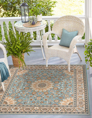 Blue 10' x 10' Outdoor Traditional Square Area Rug Weather Resistant for Patio, Deck, Terrace, Balcony, Porch Classical Design Outside Carpet for Sale at Rug Engine