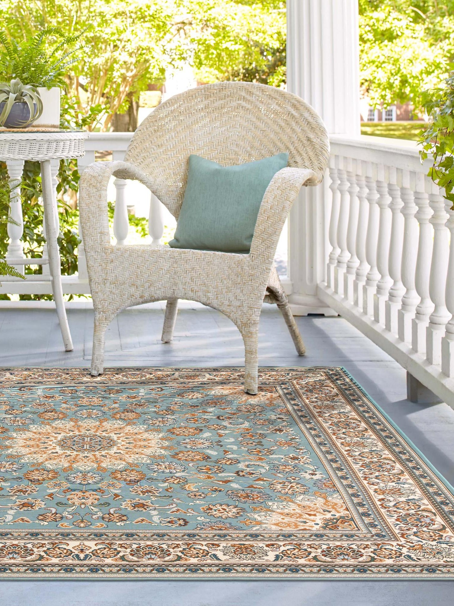 Blue 7' 10 x 7' 10 Outdoor Traditional Square Area Rug Weather Resistant for Patio, Deck, Terrace, Balcony, Porch Classical Design Outside Carpet for Sale at Rug Engine