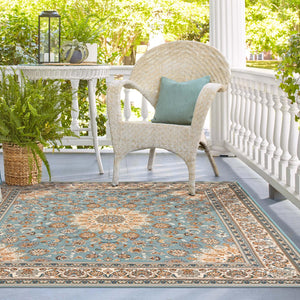 Blue 10' x 10' Outdoor Traditional Square Area Rug Weather Resistant for Patio, Deck, Terrace, Balcony, Porch Classical Design Outside Carpet for Sale at Rug Engine