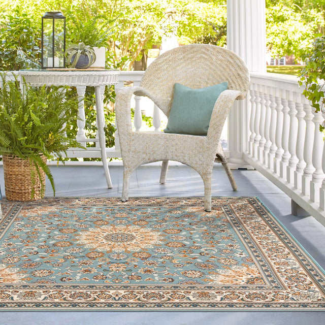 Blue 10' x 10' Outdoor Traditional Square Area Rug Weather Resistant for Patio, Deck, Terrace, Balcony, Porch Classical Design Outside Carpet for Sale at Rug Engine