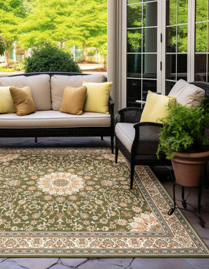 Green 7' 10 x 7' 10 Outdoor Traditional Square Area Rug Weather Resistant for Patio, Deck, Terrace, Balcony, Porch Classical Design Outside Carpet for Sale at Rug Engine