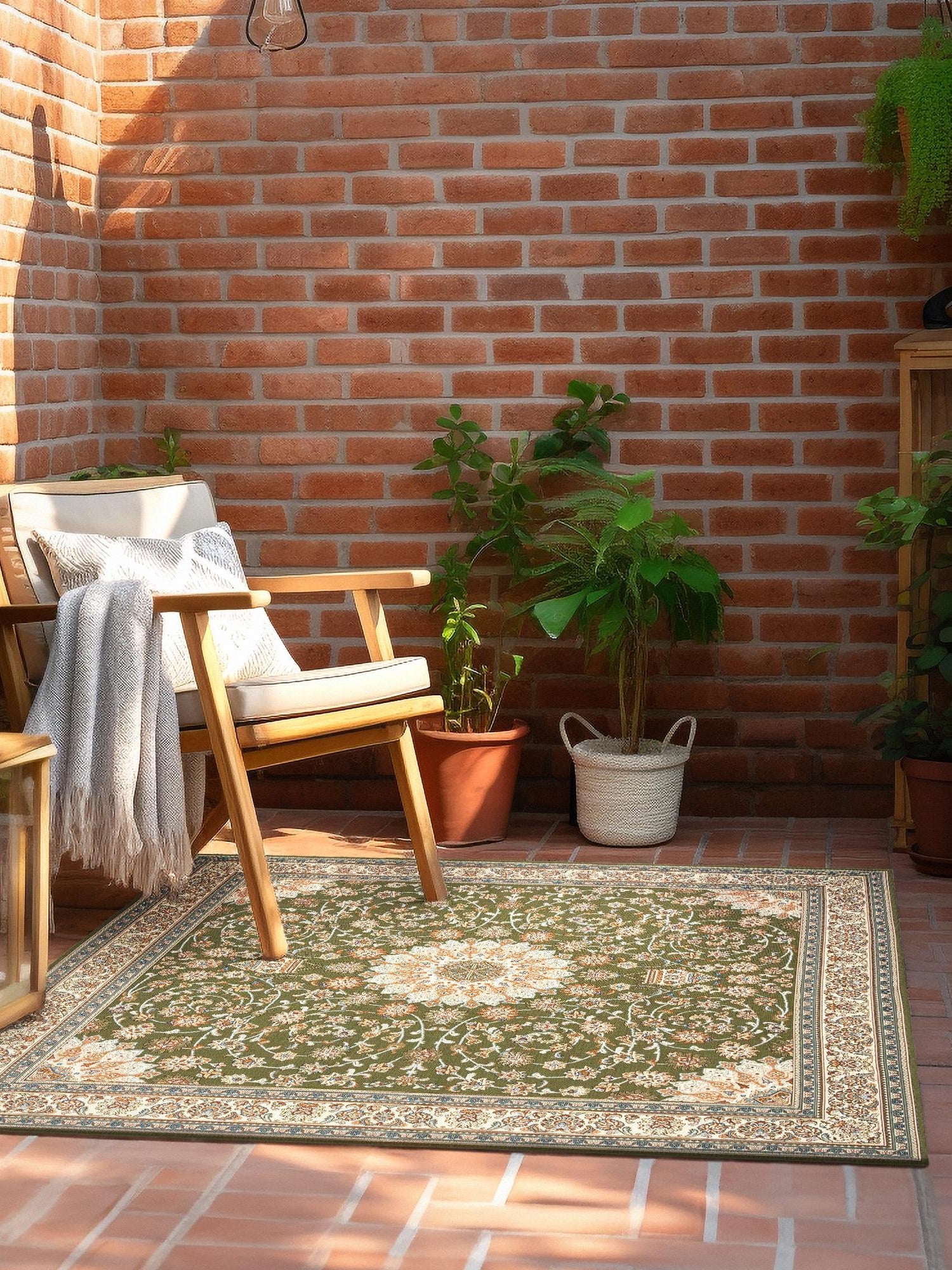 Green 7' 10 x 7' 10 Outdoor Traditional Square Area Rug Weather Resistant for Patio, Deck, Terrace, Balcony, Porch Classical Design Outside Carpet for Sale at Rug Engine