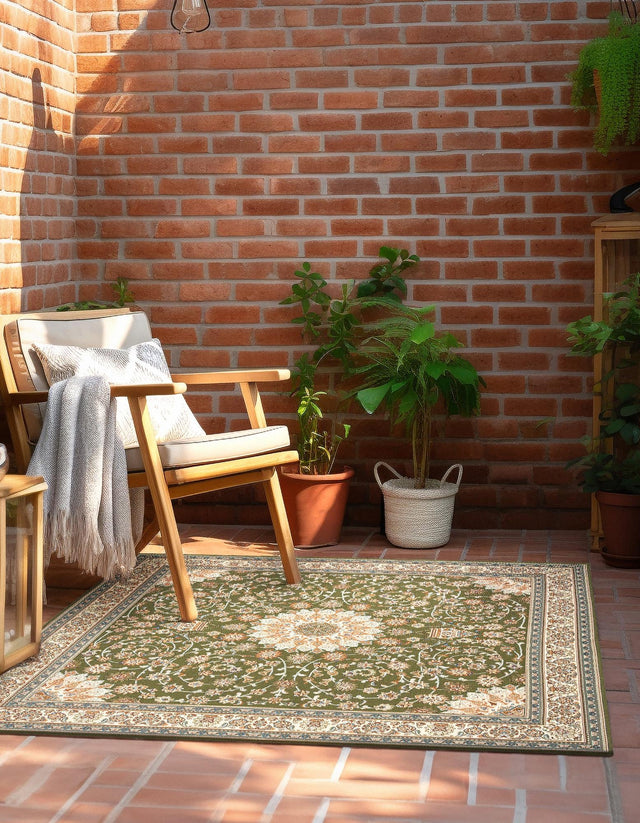 Green 7' 10 x 7' 10 Outdoor Traditional Square Area Rug Weather Resistant for Patio, Deck, Terrace, Balcony, Porch Classical Design Outside Carpet for Sale at Rug Engine