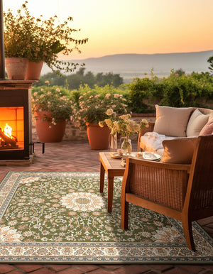 Green 7' 10 x 7' 10 Outdoor Traditional Square Area Rug Weather Resistant for Patio, Deck, Terrace, Balcony, Porch Classical Design Outside Carpet for Sale at Rug Engine
