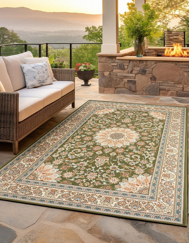 Green 4' 1 x 6' 1 Outdoor Traditional Rectangle Area Rug Weather Resistant for Patio, Deck, Terrace, Balcony, Porch Classical Design Outside Carpet for Sale at Rug Engine