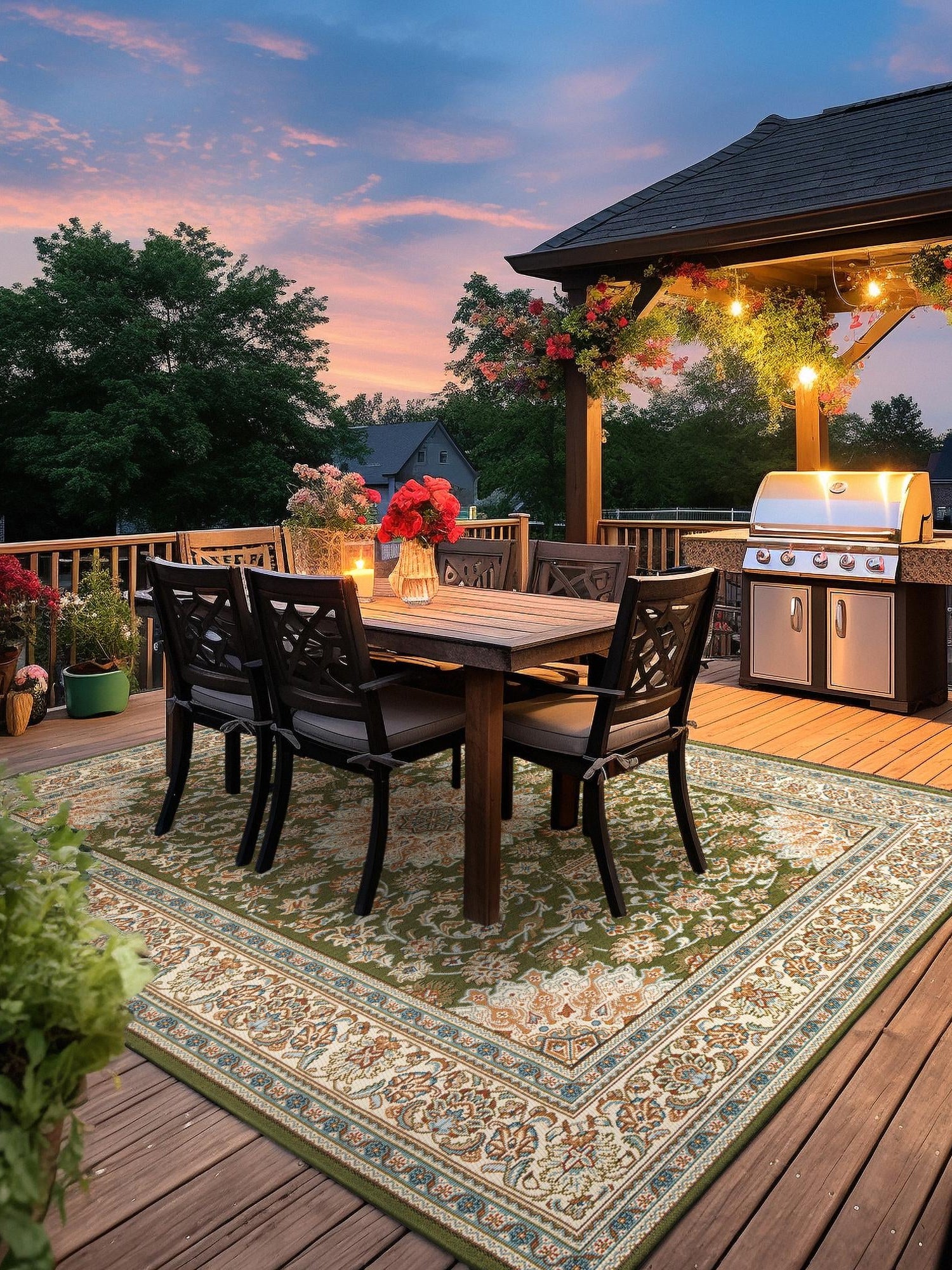 Green 5' 3 x 8' Outdoor Traditional Rectangle Area Rug Weather Resistant for Patio, Deck, Terrace, Balcony, Porch Classical Design Outside Carpet for Sale at Rug Engine