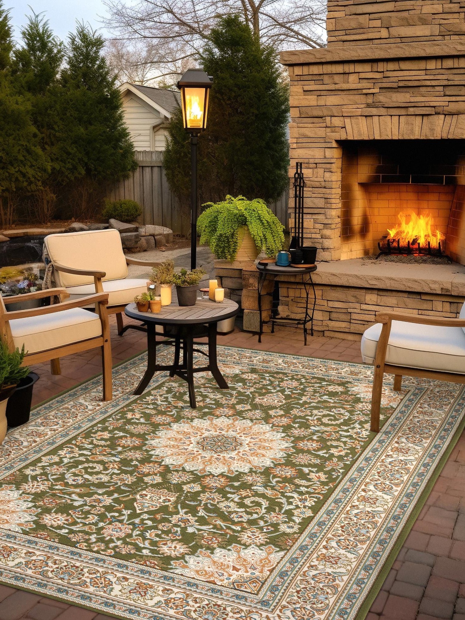 Green 4' 1 x 6' 1 Outdoor Traditional Rectangle Area Rug Weather Resistant for Patio, Deck, Terrace, Balcony, Porch Classical Design Outside Carpet for Sale at Rug Engine