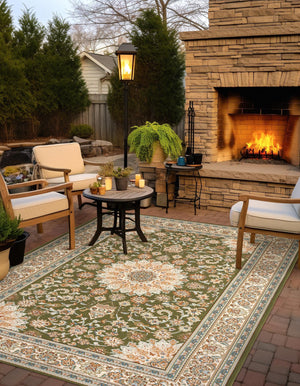 Green 9' x 12' Outdoor Traditional Rectangle Area Rug Weather Resistant for Patio, Deck, Terrace, Balcony, Porch Classical Design Outside Carpet for Sale at Rug Engine