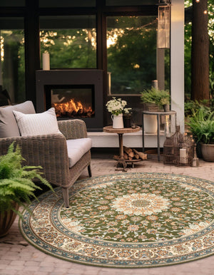 Green 4' 1 x 4' 1 Outdoor Traditional Round Area Rug Weather Resistant for Patio, Deck, Terrace, Balcony, Porch Classical Design Outside Carpet for Sale at Rug Engine
