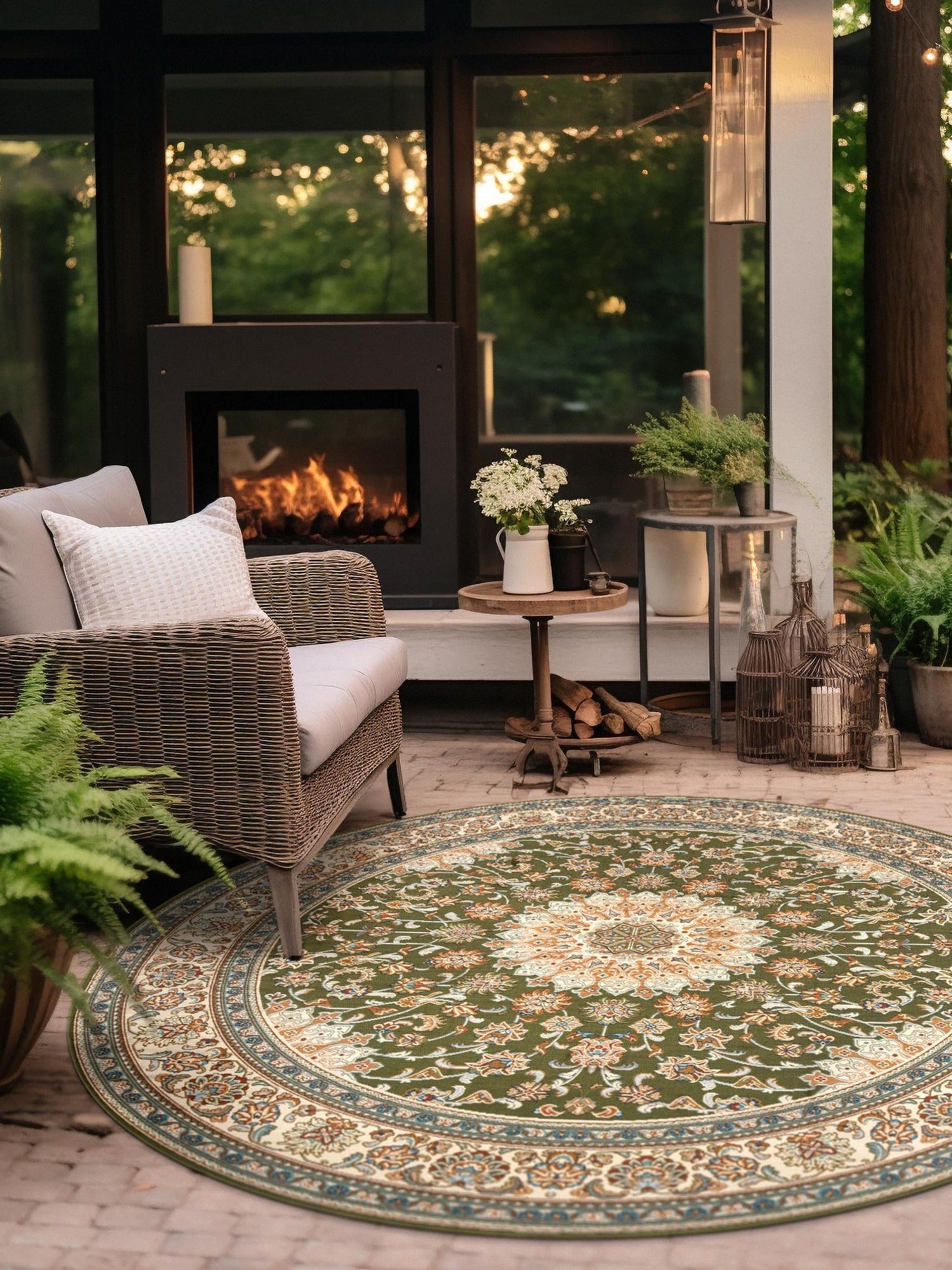 Green 10' x 10' Outdoor Traditional Round Area Rug Weather Resistant for Patio, Deck, Terrace, Balcony, Porch Classical Design Outside Carpet for Sale at Rug Engine