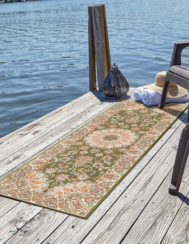Green 2' x 5' 1 Outdoor Traditional Runner Area Rug Weather Resistant for Patio, Deck, Terrace, Balcony, Porch Classical Design Outside Carpet for Sale at Rug Engine