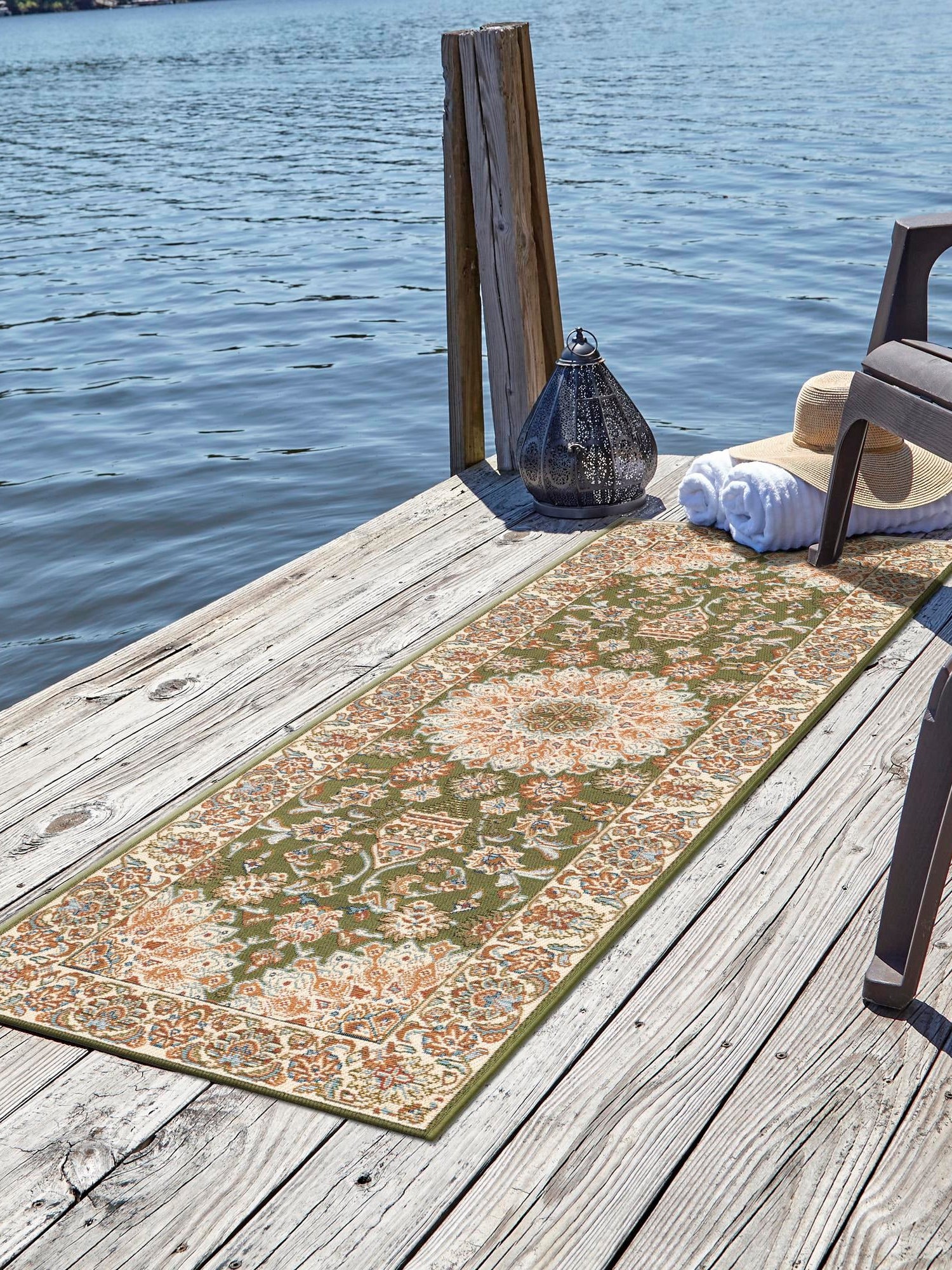 Green 2' 7 x 10' Outdoor Traditional Runner Area Rug Weather Resistant for Patio, Deck, Terrace, Balcony, Porch Classical Design Outside Carpet for Sale at Rug Engine