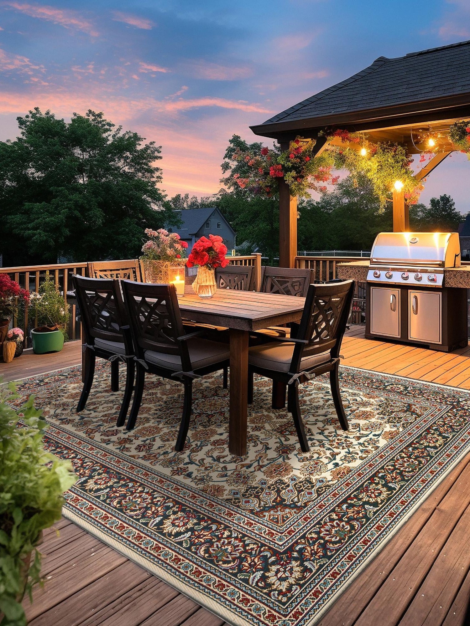 Ivory 4' 1 x 6' 1 Outdoor Traditional Rectangle Area Rug Weather Resistant for Patio, Deck, Terrace, Balcony, Porch Classical Design Outside Carpet for Sale at Rug Engine