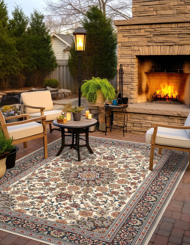 Ivory 4' 1 x 6' 1 Outdoor Traditional Rectangle Area Rug Weather Resistant for Patio, Deck, Terrace, Balcony, Porch Classical Design Outside Carpet for Sale at Rug Engine