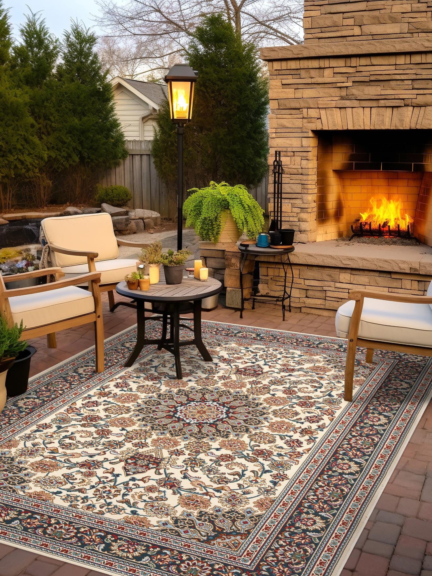 Ivory 9' x 12' Outdoor Traditional Rectangle Area Rug Weather Resistant for Patio, Deck, Terrace, Balcony, Porch Classical Design Outside Carpet for Sale at Rug Engine