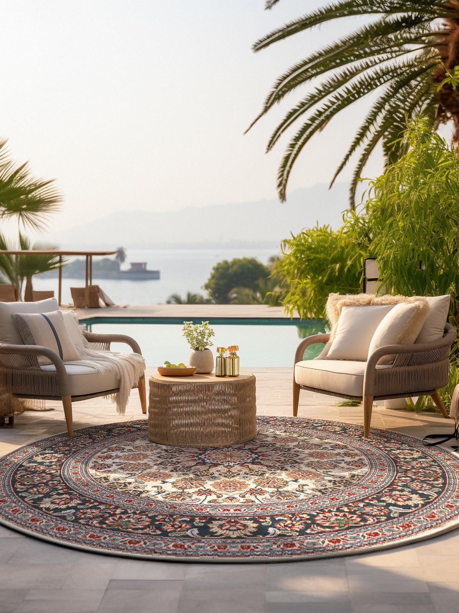 Ivory 4' 1 x 4' 1 Outdoor Traditional Round Area Rug Weather Resistant for Patio, Deck, Terrace, Balcony, Porch Classical Design Outside Carpet for Sale at Rug Engine