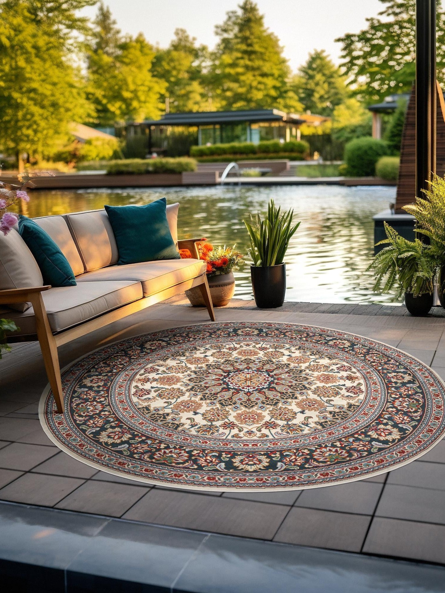 Ivory 10' x 10' Outdoor Traditional Round Area Rug Weather Resistant for Patio, Deck, Terrace, Balcony, Porch Classical Design Outside Carpet for Sale at Rug Engine