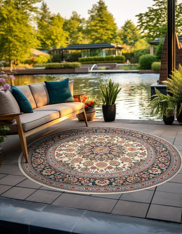 Ivory 3' 3 x 3' 3 Outdoor Traditional Round Area Rug Weather Resistant for Patio, Deck, Terrace, Balcony, Porch Classical Design Outside Carpet for Sale at Rug Engine