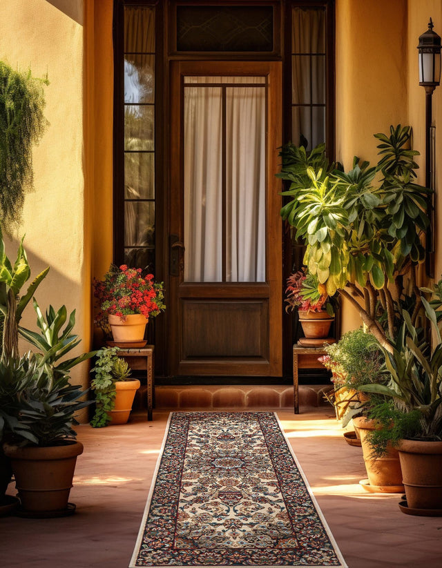 Ivory 2' 7 x 12' Outdoor Traditional Runner Area Rug Weather Resistant for Patio, Deck, Terrace, Balcony, Porch Classical Design Outside Carpet for Sale at Rug Engine