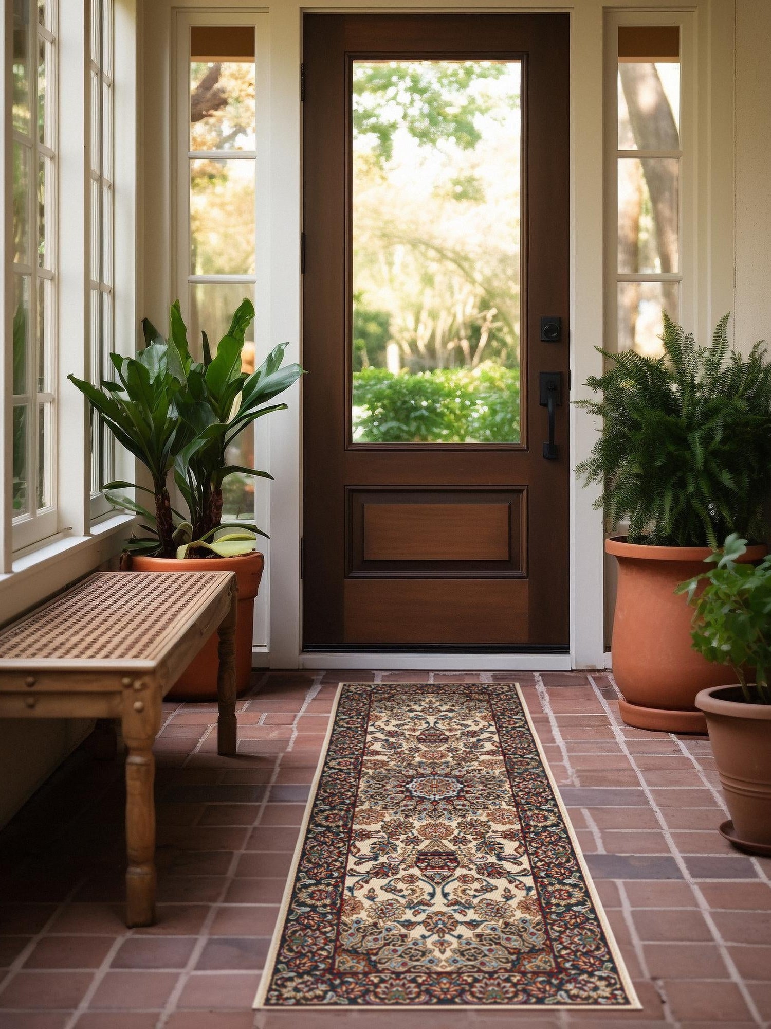 Ivory 2' 7 x 12' Outdoor Traditional Runner Area Rug Weather Resistant for Patio, Deck, Terrace, Balcony, Porch Classical Design Outside Carpet for Sale at Rug Engine