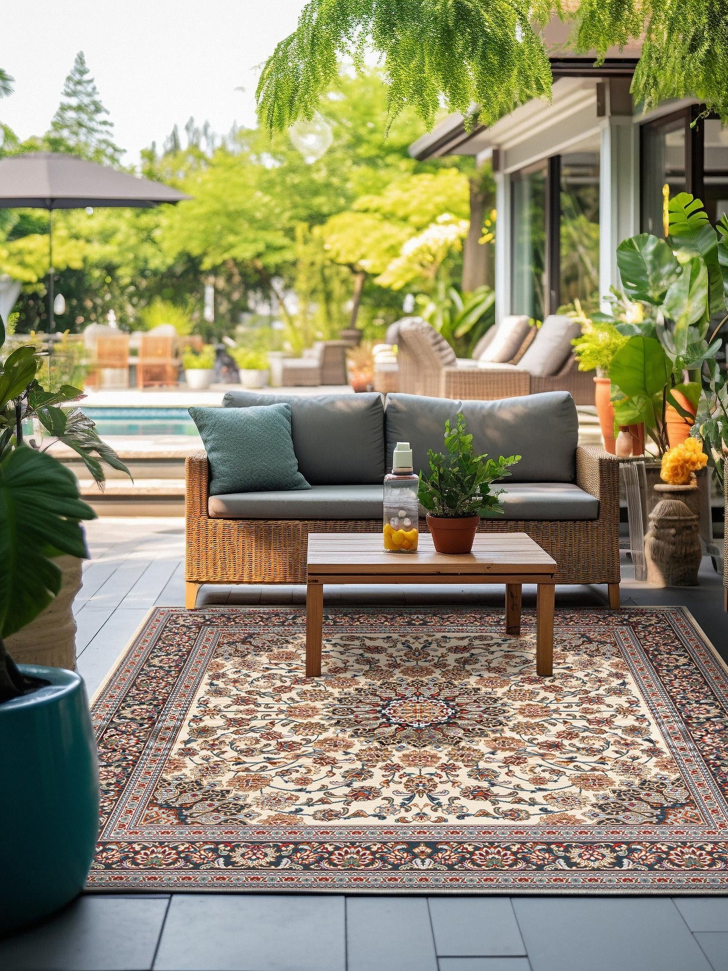 Ivory 7' 10 x 7' 10 Outdoor Traditional Square Area Rug Weather Resistant for Patio, Deck, Terrace, Balcony, Porch Classical Design Outside Carpet for Sale at Rug Engine