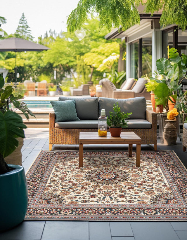 Ivory 7' 10 x 7' 10 Outdoor Traditional Square Area Rug Weather Resistant for Patio, Deck, Terrace, Balcony, Porch Classical Design Outside Carpet for Sale at Rug Engine