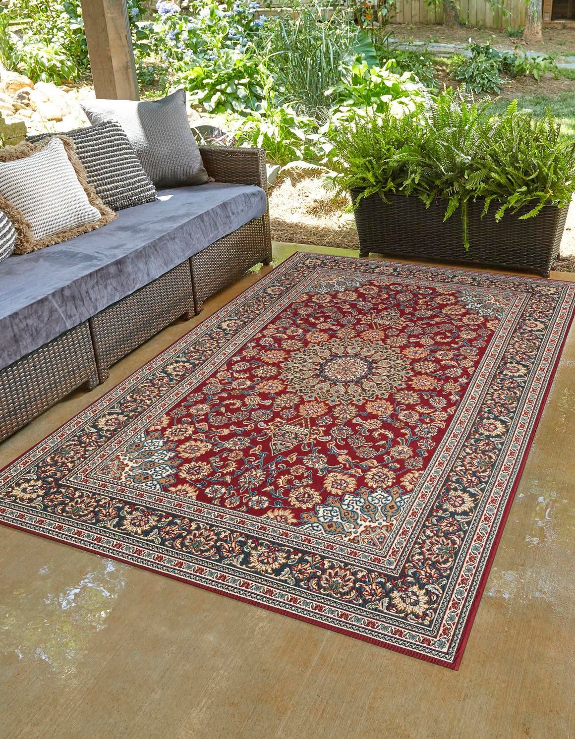Red 7' 10 x 10' Outdoor Traditional Rectangle Area Rug Weather Resistant for Patio, Deck, Terrace, Balcony, Porch Classical Design Outside Carpet for Sale at Rug Engine