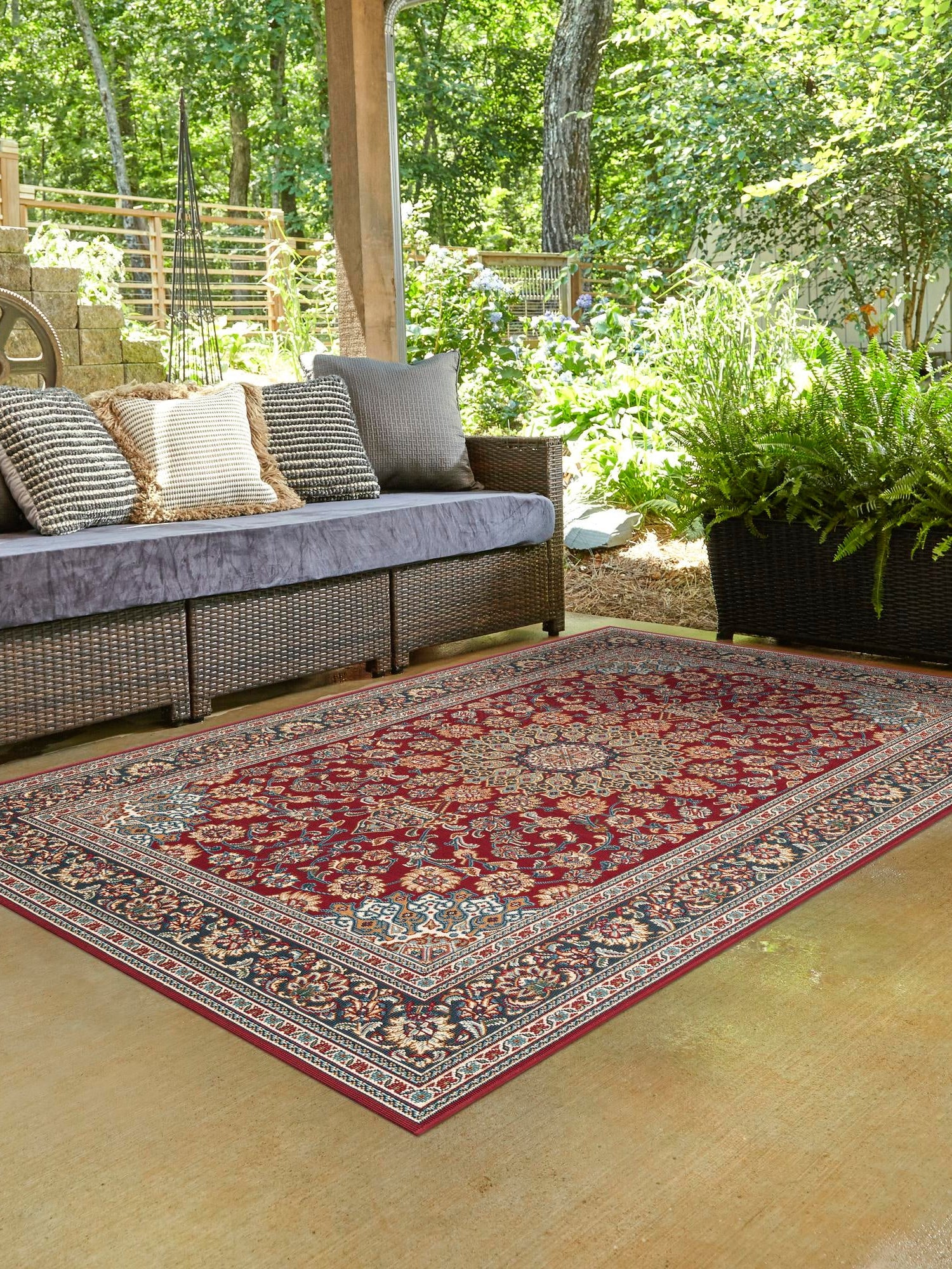 Red 7' 10 x 10' Outdoor Traditional Rectangle Area Rug Weather Resistant for Patio, Deck, Terrace, Balcony, Porch Classical Design Outside Carpet for Sale at Rug Engine