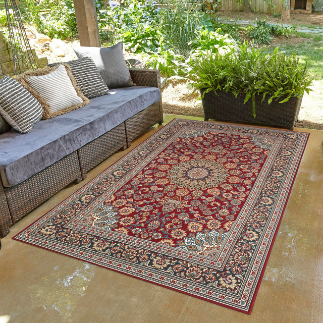Red 4' 1 x 6' 1 Outdoor Traditional Rectangle Area Rug Weather Resistant for Patio, Deck, Terrace, Balcony, Porch Classical Design Outside Carpet for Sale at Rug Engine