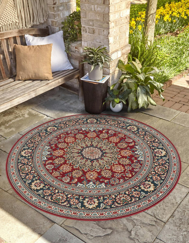Red 4' 1 x 4' 1 Outdoor Traditional Round Area Rug Weather Resistant for Patio, Deck, Terrace, Balcony, Porch Classical Design Outside Carpet for Sale at Rug Engine
