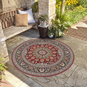 Red 3' 3 x 3' 3 Outdoor Traditional Round Area Rug Weather Resistant for Patio, Deck, Terrace, Balcony, Porch Classical Design Outside Carpet for Sale at Rug Engine