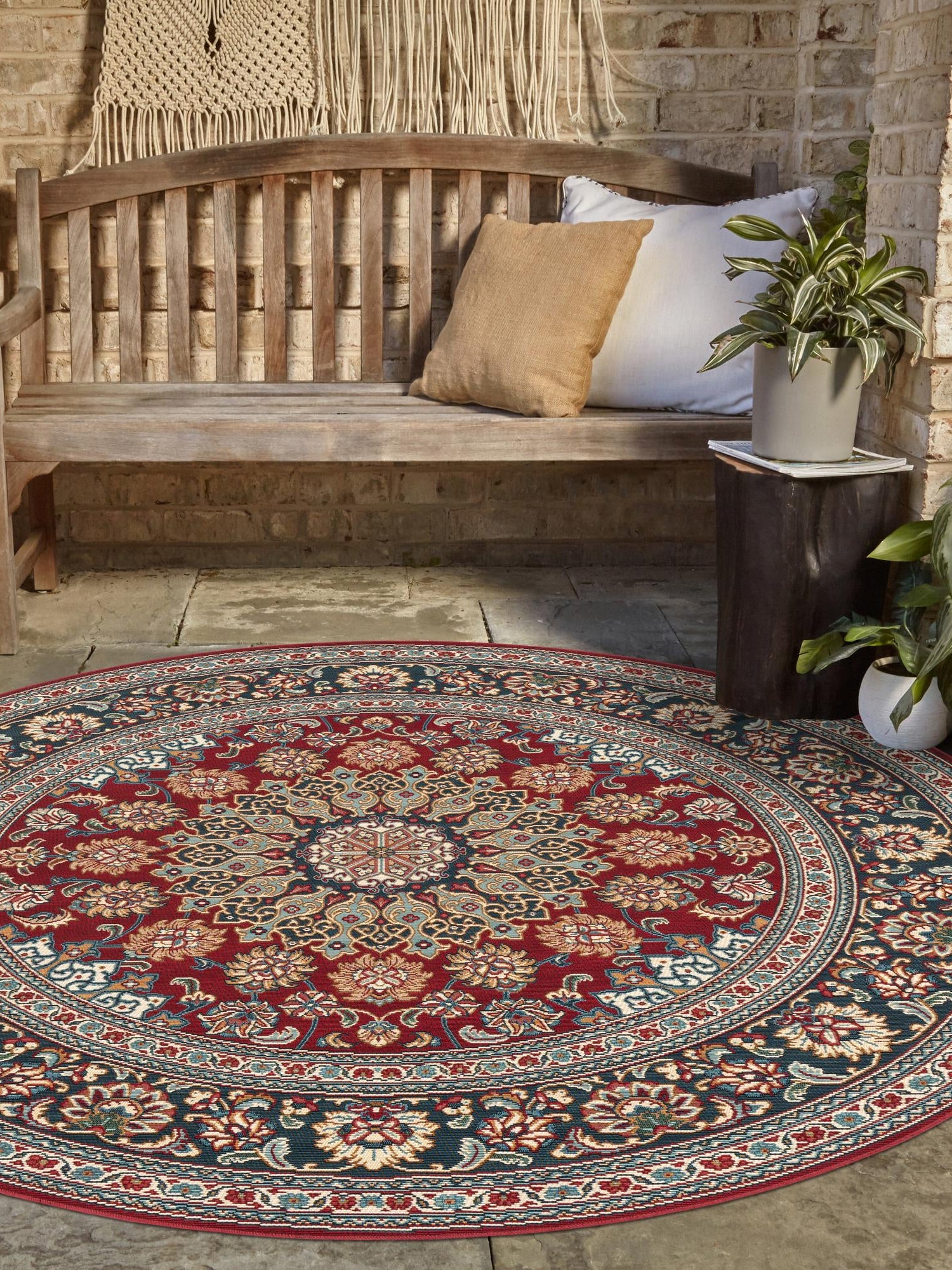 Red 3' 3 x 3' 3 Outdoor Traditional Round Area Rug Weather Resistant for Patio, Deck, Terrace, Balcony, Porch Classical Design Outside Carpet for Sale at Rug Engine