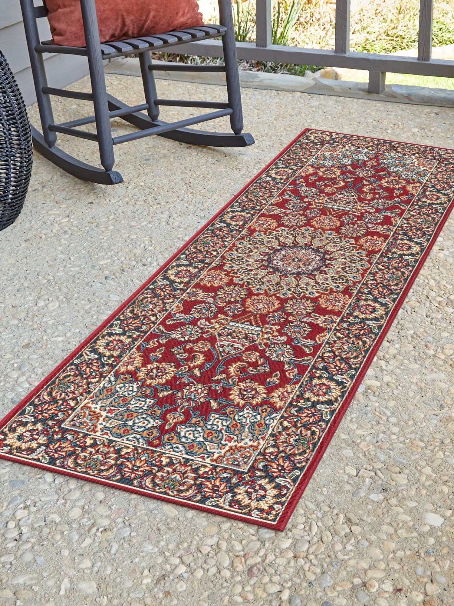 Red 2' x 6' 1 Outdoor Traditional Runner Area Rug Weather Resistant for Patio, Deck, Terrace, Balcony, Porch Classical Design Outside Carpet for Sale at Rug Engine