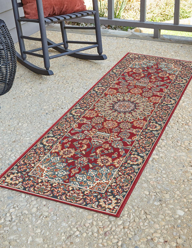 Red 2' x 5' 1 Outdoor Traditional Runner Area Rug Weather Resistant for Patio, Deck, Terrace, Balcony, Porch Classical Design Outside Carpet for Sale at Rug Engine